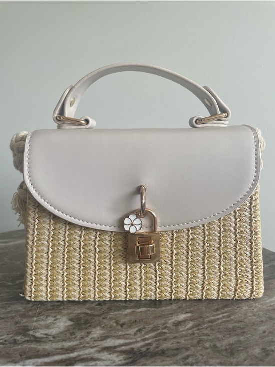 Handbags - Neutral Straw Top-Handle Satchel with Pale Pink Flap